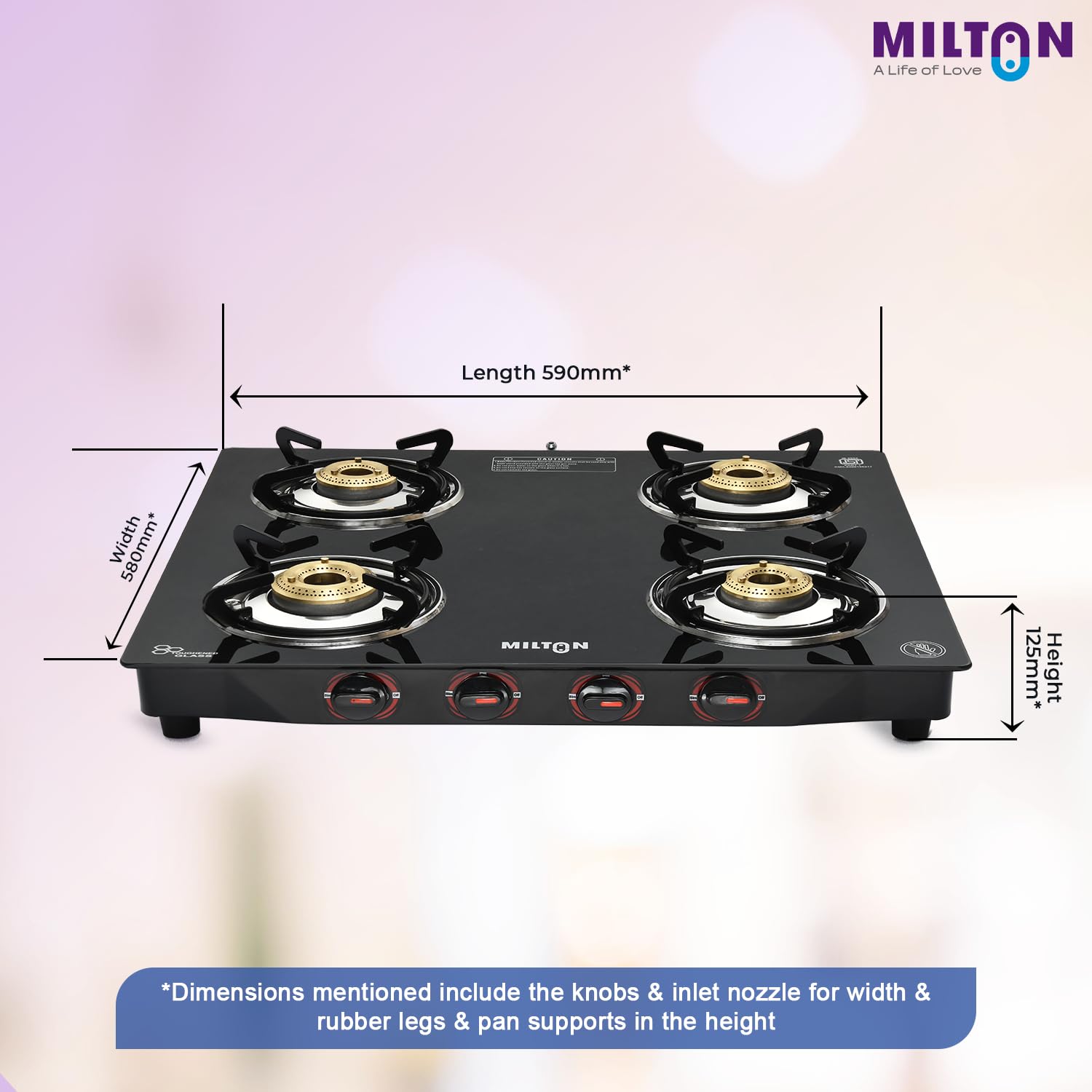 MILTON Premium 4 Burner Black Manual Ignition Glass Top Gas Stove, (ISI Certified) - View 5