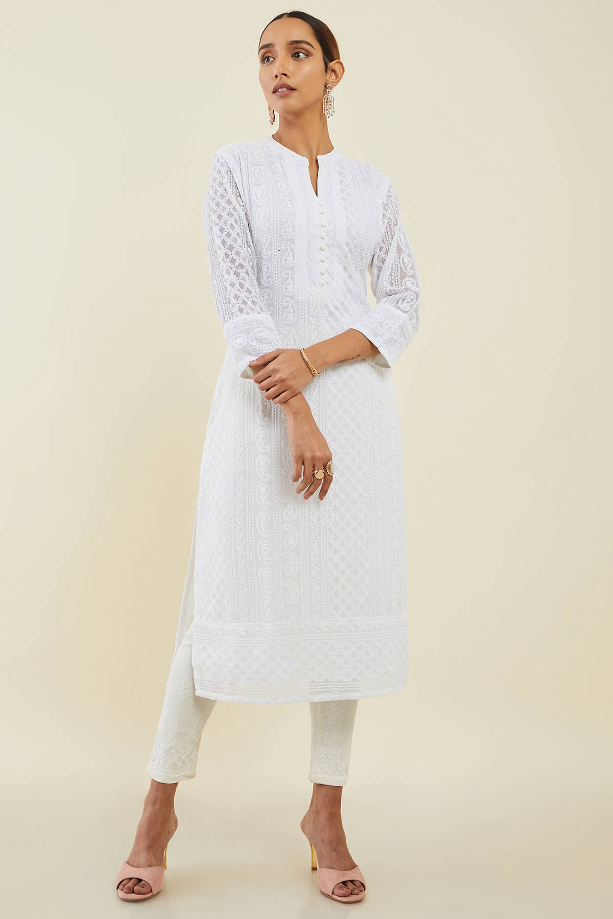 Off White Georgette Straight Kurta With Self Embroidered Designs - View 4