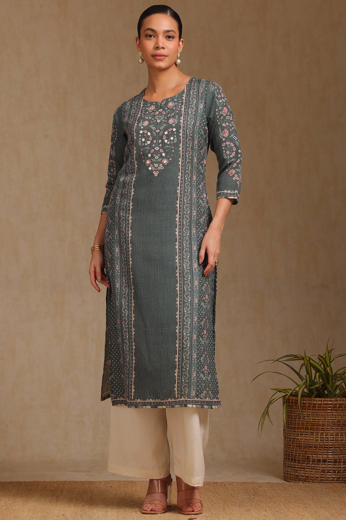 Olive Rayon Botanical Printed Kurta With Mirror Work - View 2