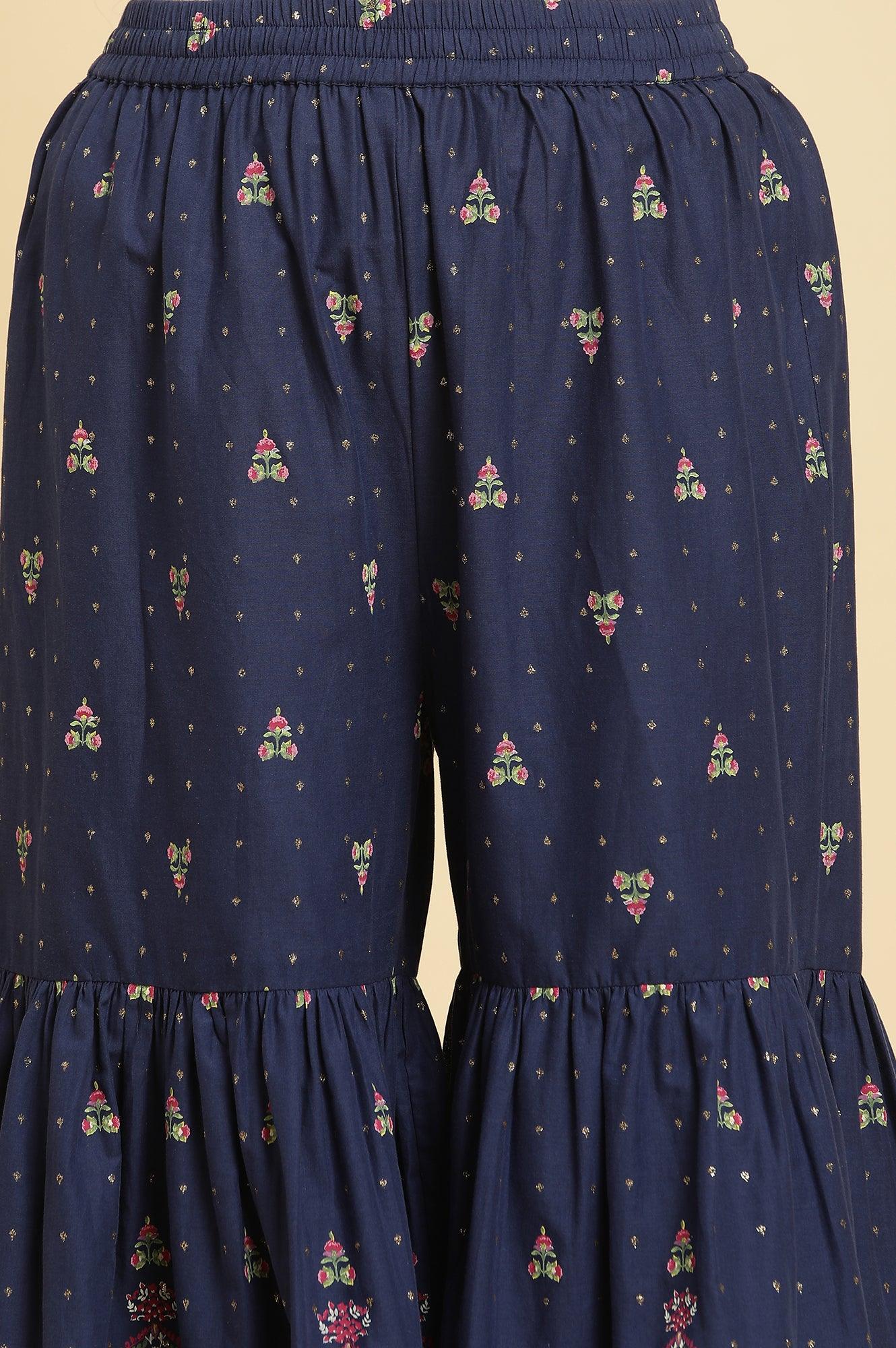 Blue Floral Printed Kurta, Sharara And Dupatta Set - View 9