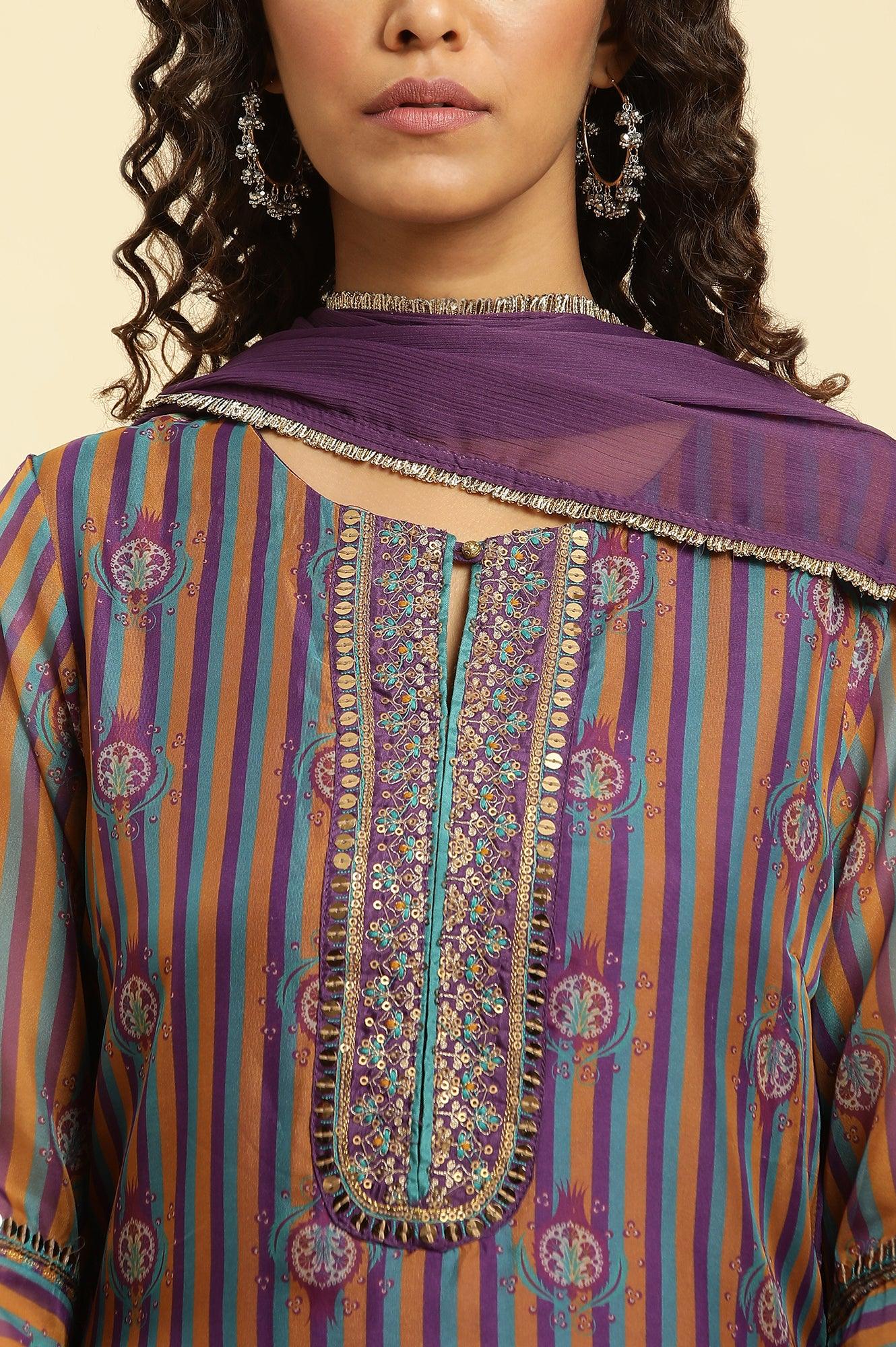 Purple Layered Suzani Printed Kurta, Tights And Dupatta Set - View 2