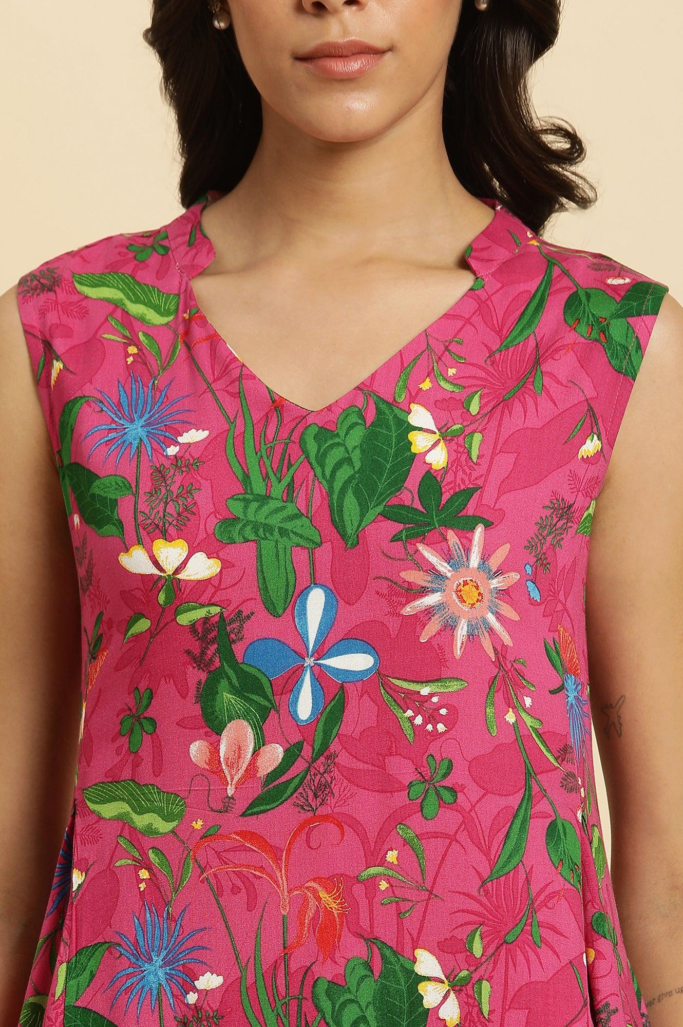 Pink Floral Printed Sleeveless Kurta & Pants Co-Ord Set - View 6