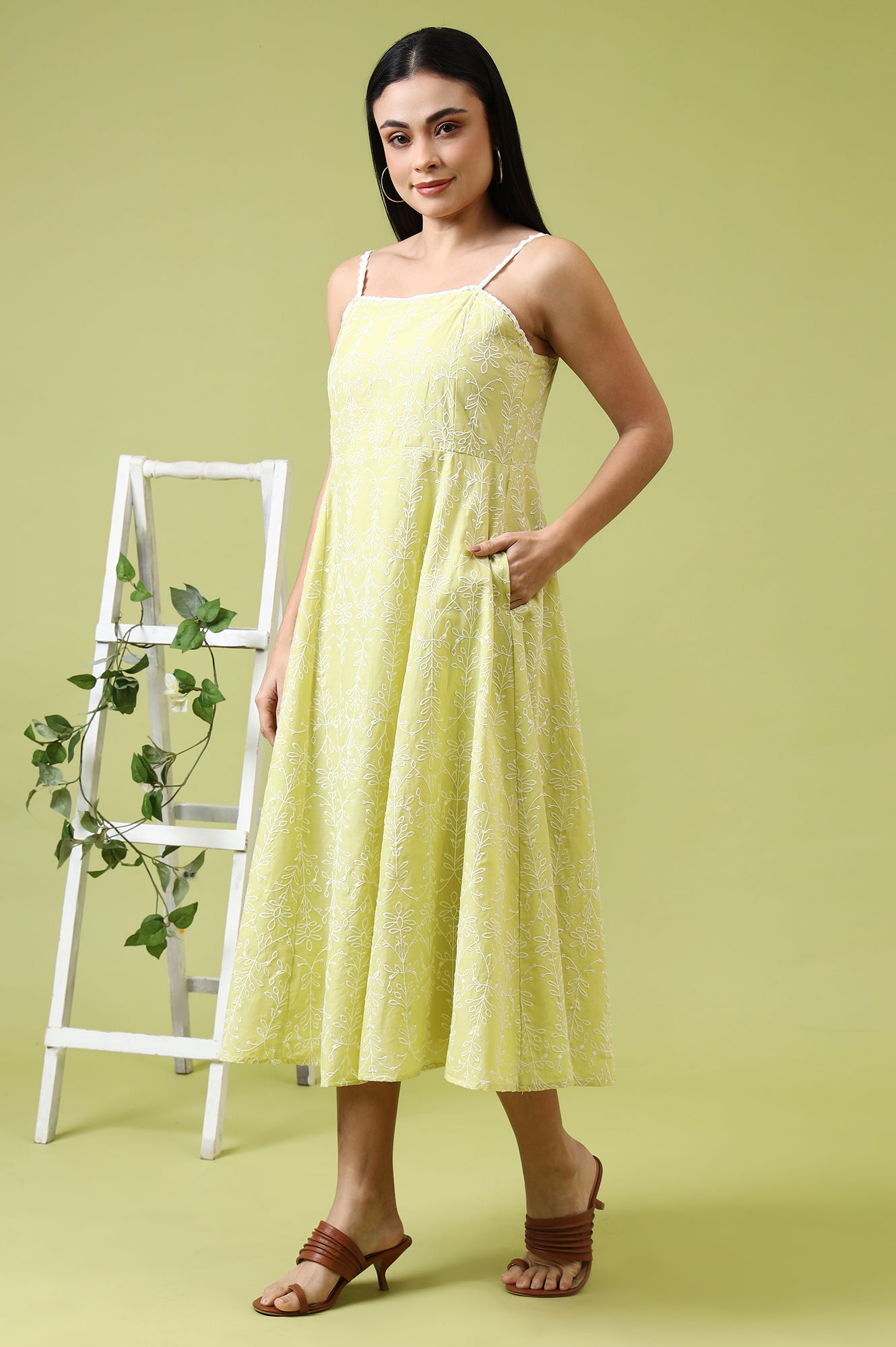 Lime Green Schiffli Embroidered Pure Cotton Flared Spaghetti Dress - View 7