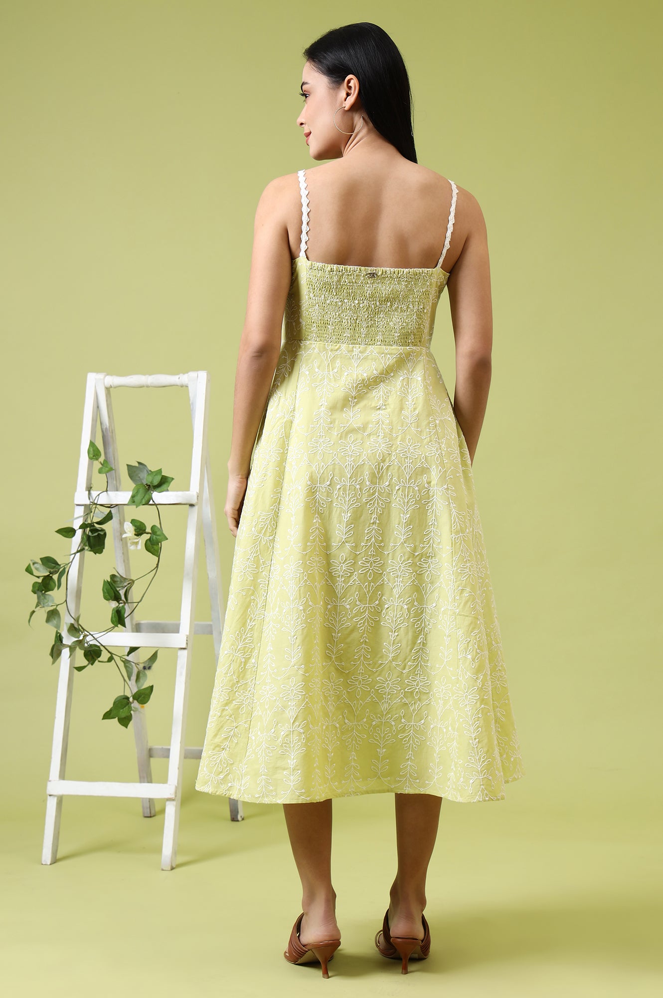 Lime Green Schiffli Embroidered Pure Cotton Flared Spaghetti Dress - View 6