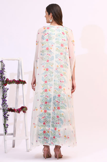 White Floral Printed Chiffon Tiered Flared Dress with Printed Cape - View 3