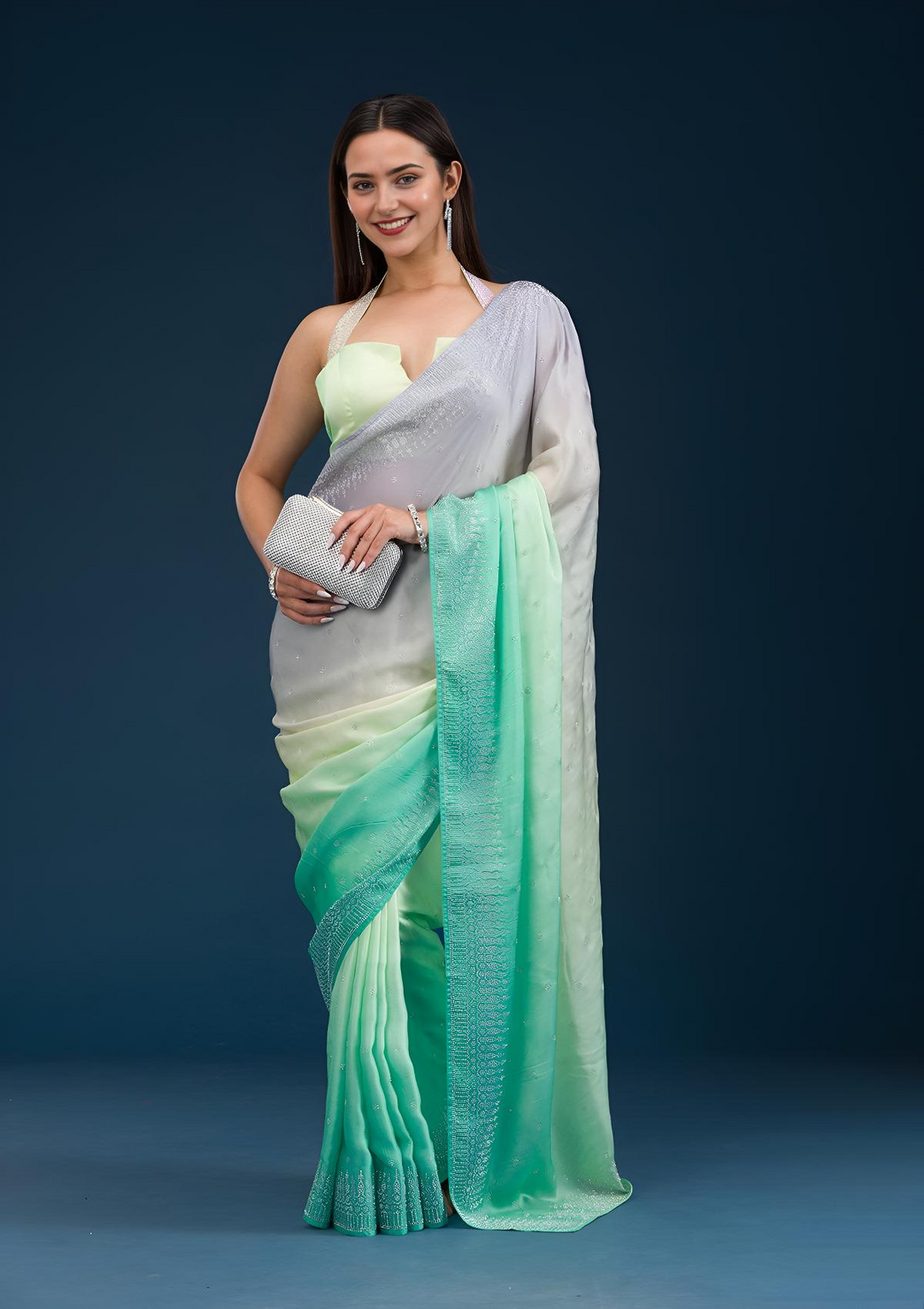 Grey Stonework Satin Saree - View 6