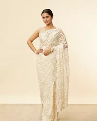 Ivory Cream Bel Buti Patterned Mirror and Stone Work Saree - View 6