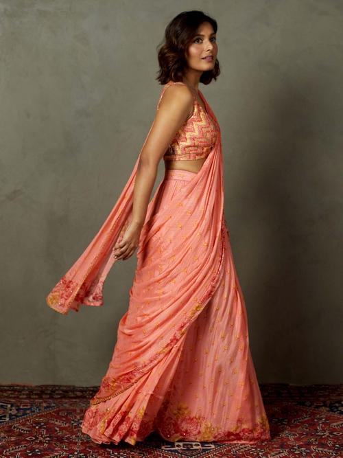 Coral Blue Rose Pre-Draped Saree - View 3