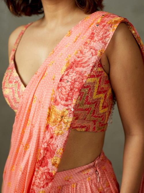 Coral Blue Rose Pre-Draped Saree - View 6