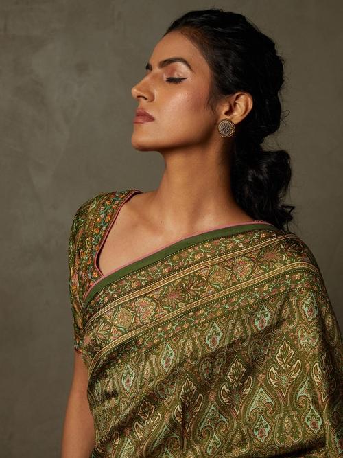 Olive & Beige Shereen Saree With Unstitched Blouse - View 2