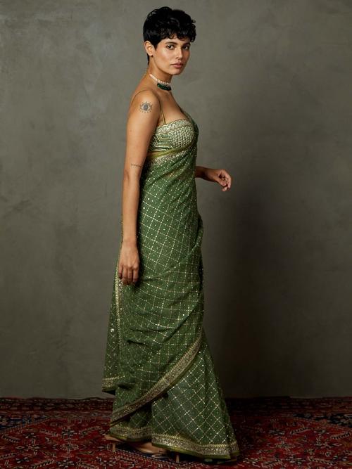 Khaki Rohira Saree With Unstitched Blouse - View 3