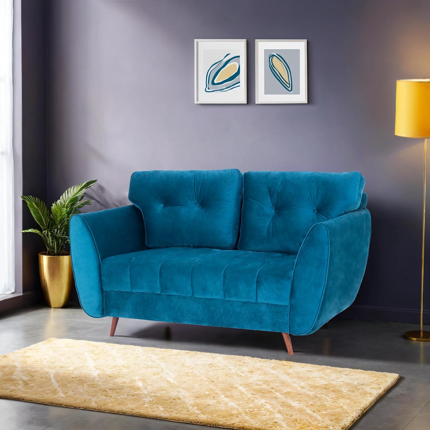 Peachtree Eden 2 Seater Sofa for Living Room| Sofa with 2 Cushions, 3 Year Warranty, Velvet Fabric Sofa with Mango Wooden Frame & Sheesham Wood Legs | Padded Armstyle (Teal Blue) - View 2