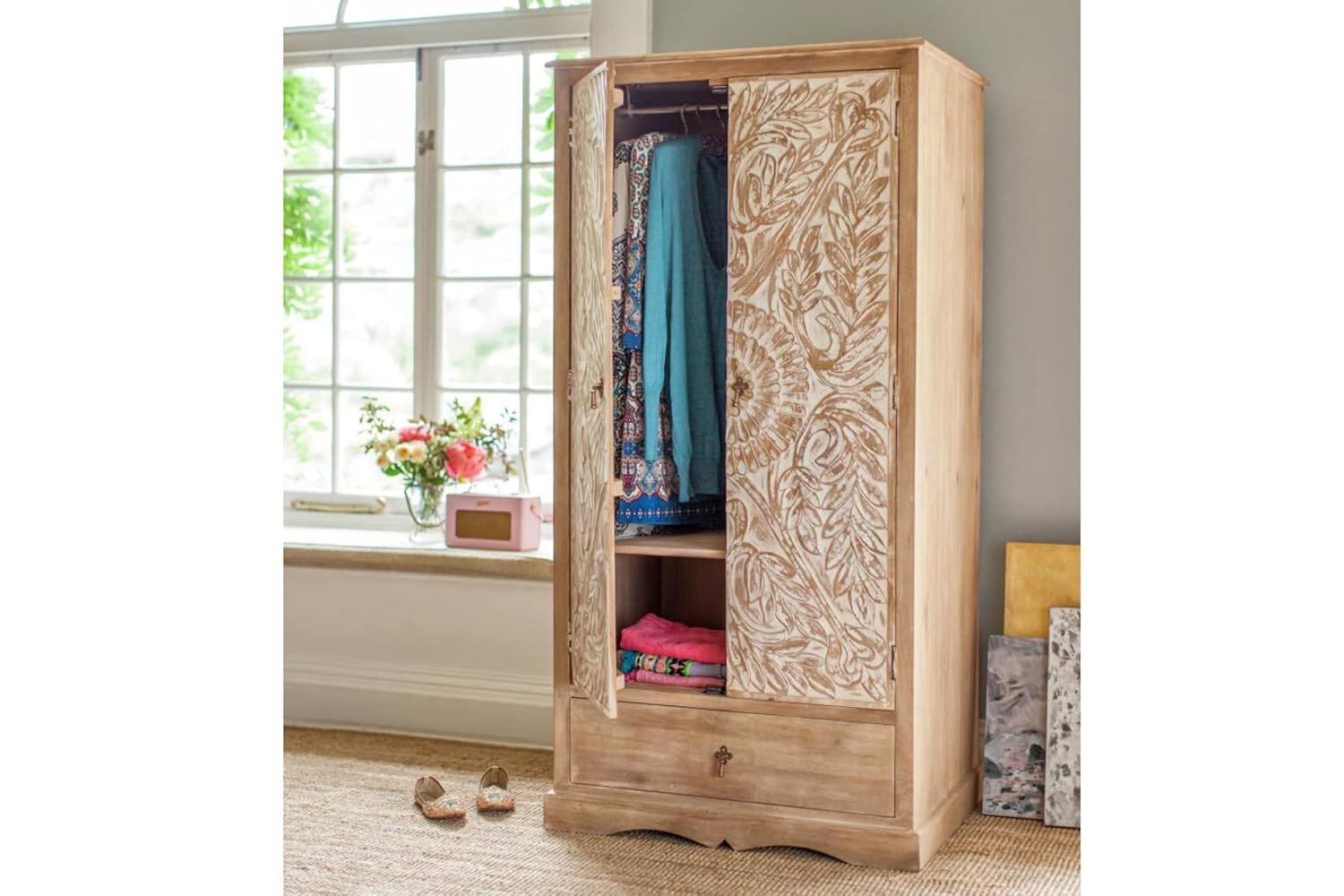 The Attic Jodhpur Carving Wardrobe|Solid Wood Multiple Utility Storage| Clothes Organizer|Wardrobe for Clothes Wooden, almirah for Clothes Wooden|Natural  White Matte Finish - View 2