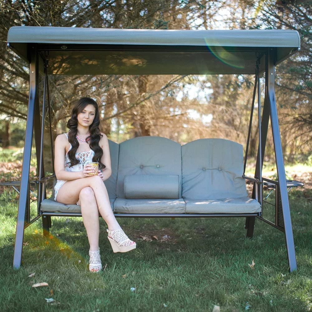 Low Carbon Steel 3 Seater Garden Swing Seat Outdoor Canopy Cushioned Bench- Brown, 127 Centimeters, 188 Centimeters - View 3