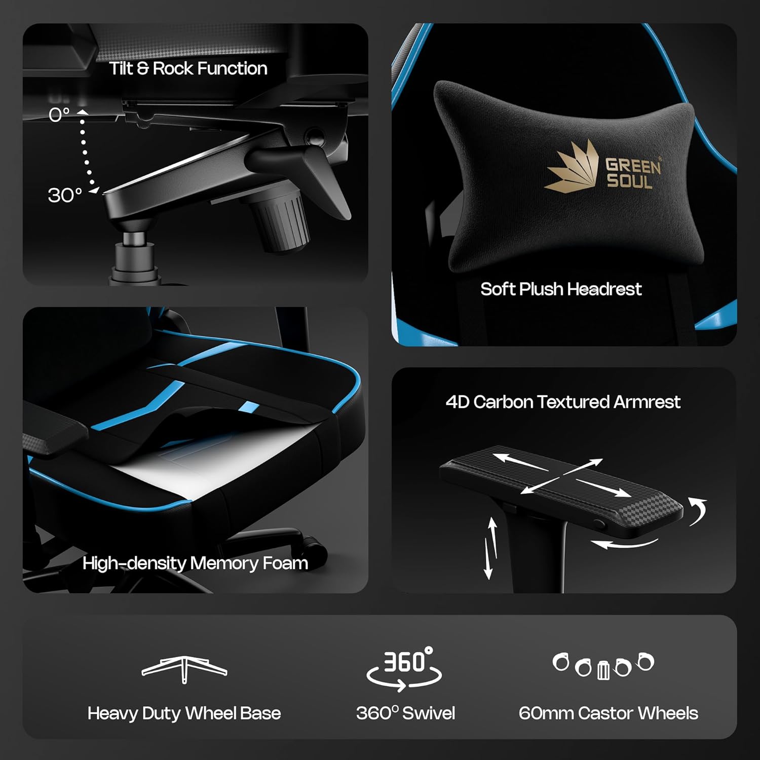 Gaming & Office Chair| Premium Spandex & PU Leather Fabric | Adjustable Neck, Lumbar Pillow | 4D Adjustable Armrests (Black Blue) - View 5